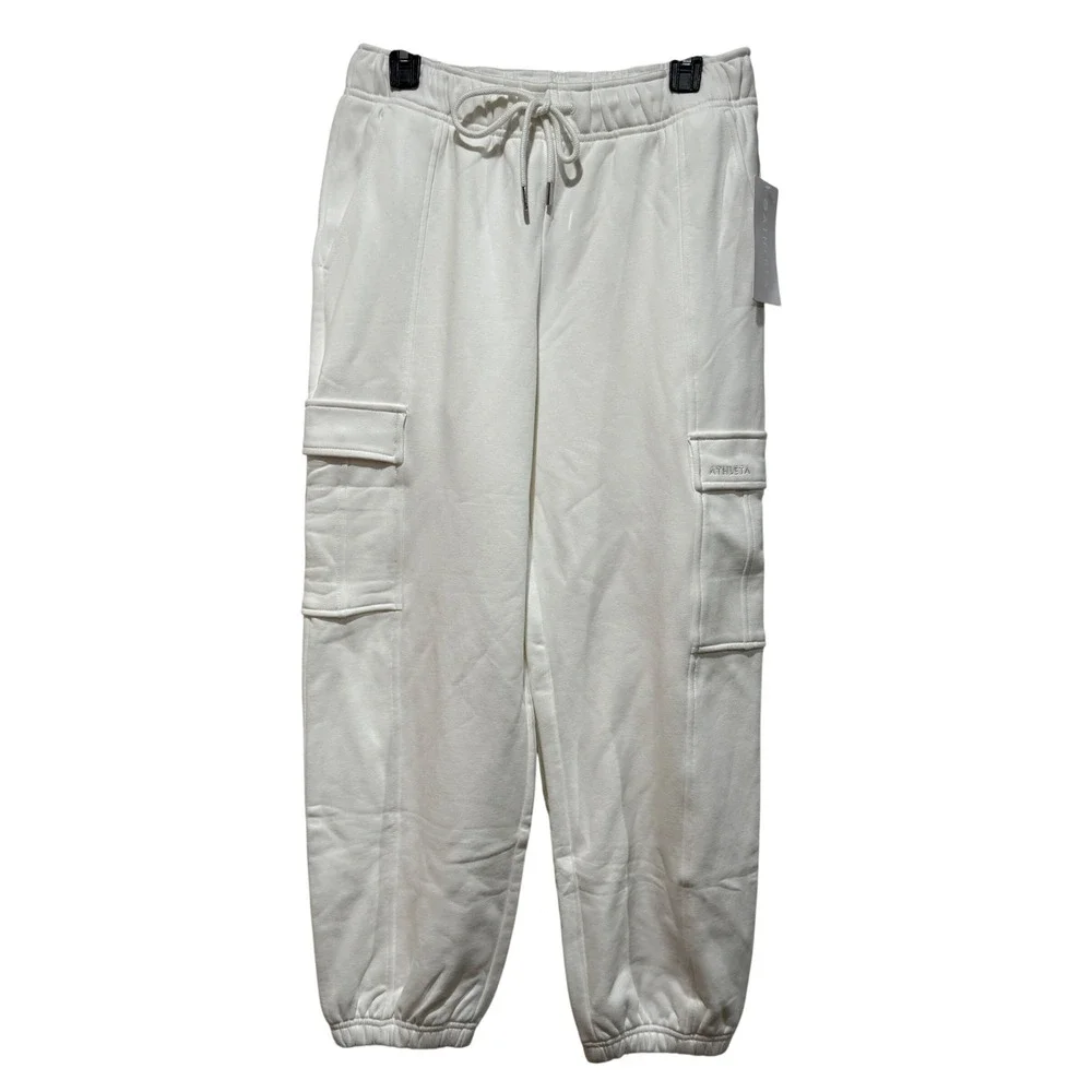 NWT Athleta Heavyweight Terry Cargo‎ Jogger Pants S Petite Ivory Off-white Cargo
